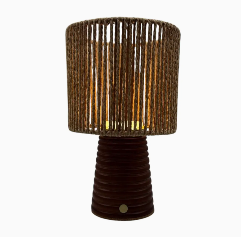 Small Ribbed Teak rechargeable touch lamp Drum Rope shade