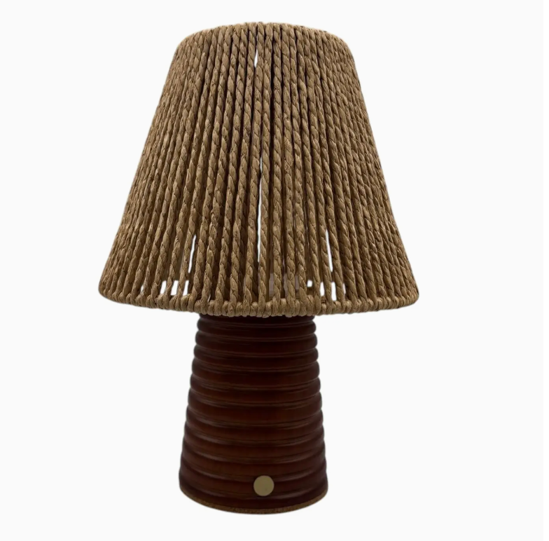 Small Ribbed Teak rechargeable touch lamp cone rope shade