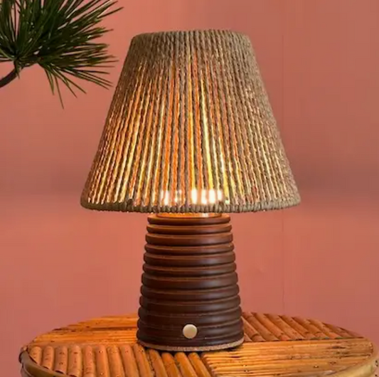 Small Ribbed Walnut rechargeable touch lamp cone rope shade