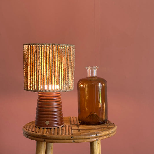 Small Ribbed Teak rechargeable touch lamp Drum Rope shade