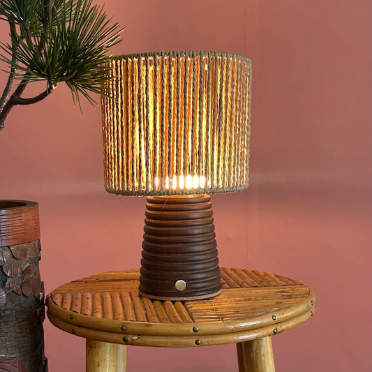 Small Ribbed Walnut rechargeable touch lamp rope drum shade