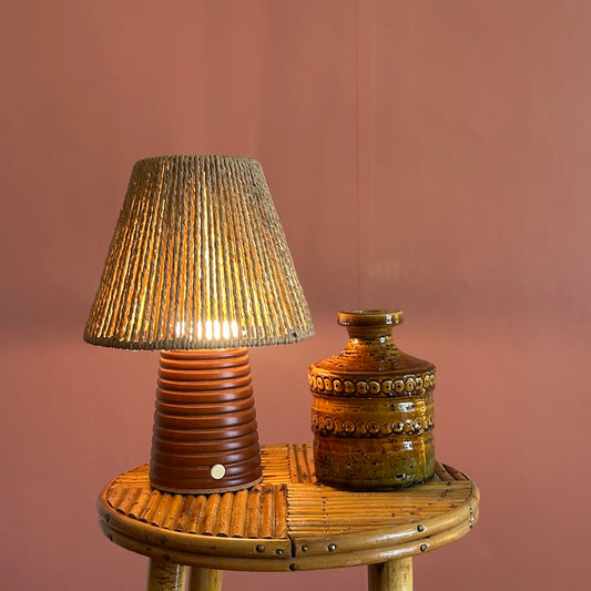 Small Ribbed Teak rechargeable touch lamp cone rope shade