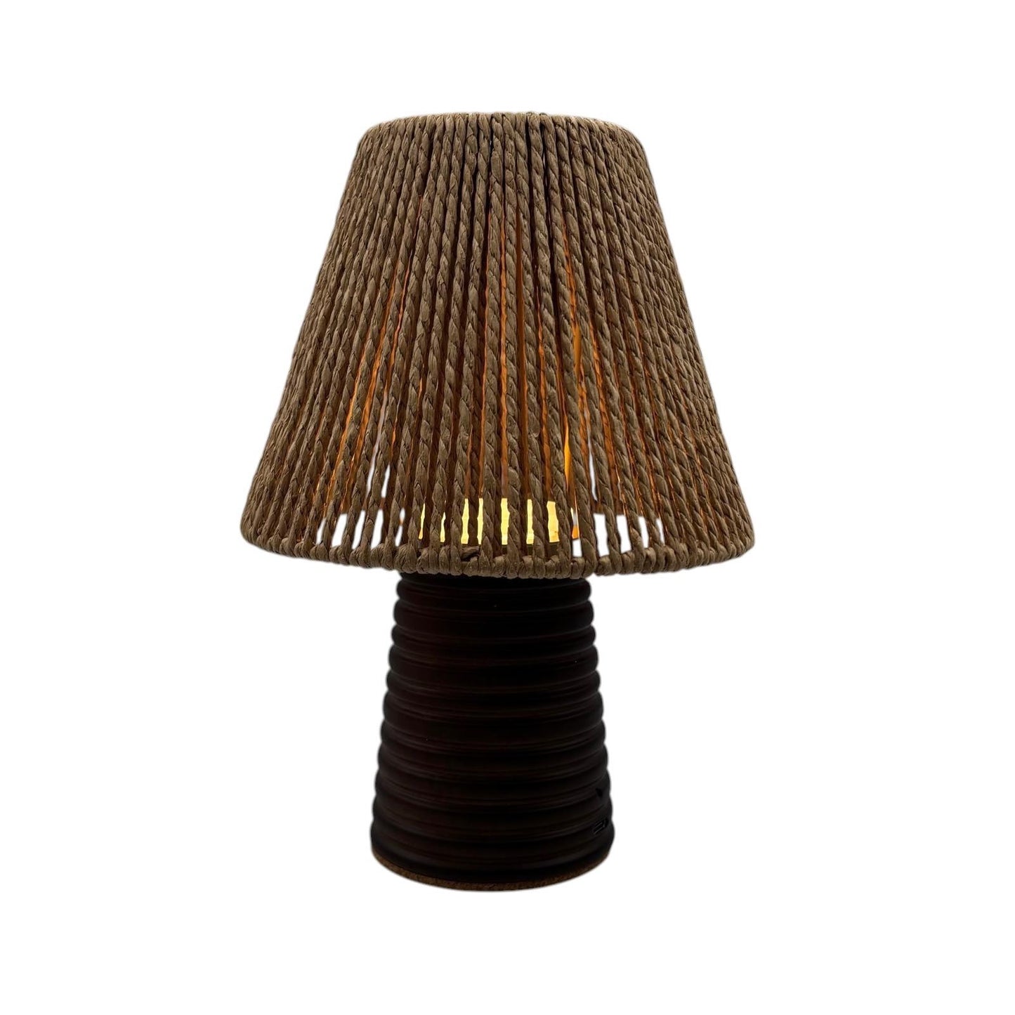 Small Ribbed Walnut rechargeable touch lamp cone rope shade