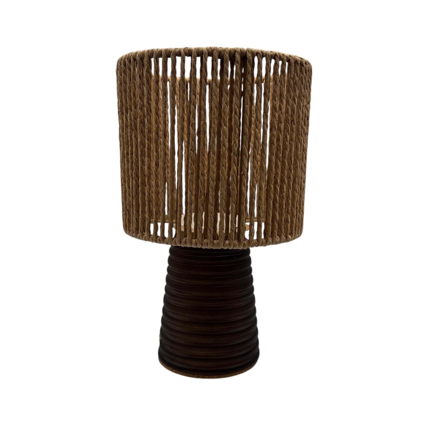 Small Ribbed Walnut rechargeable touch lamp rope drum shade