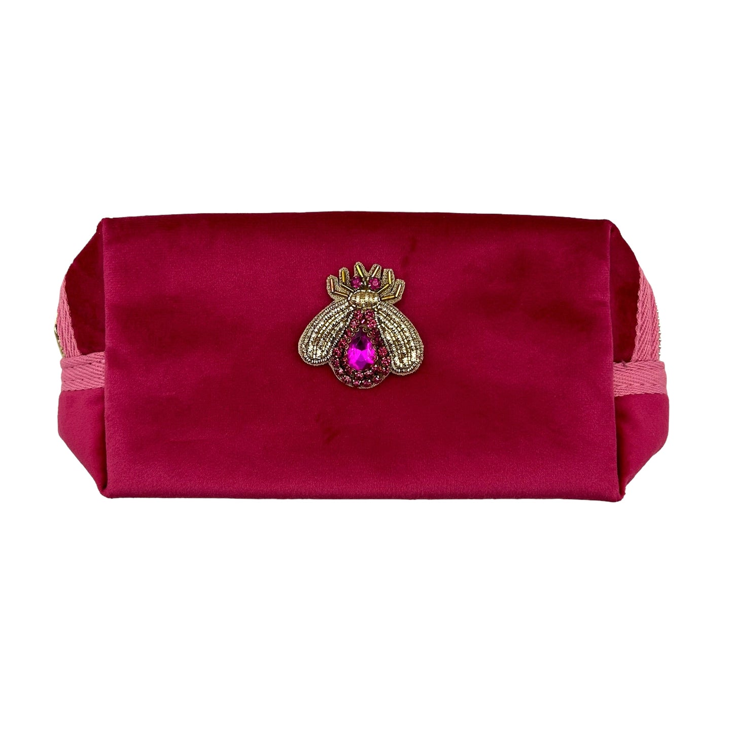 Bright pink makeup bag with Jewelled Insect brooch