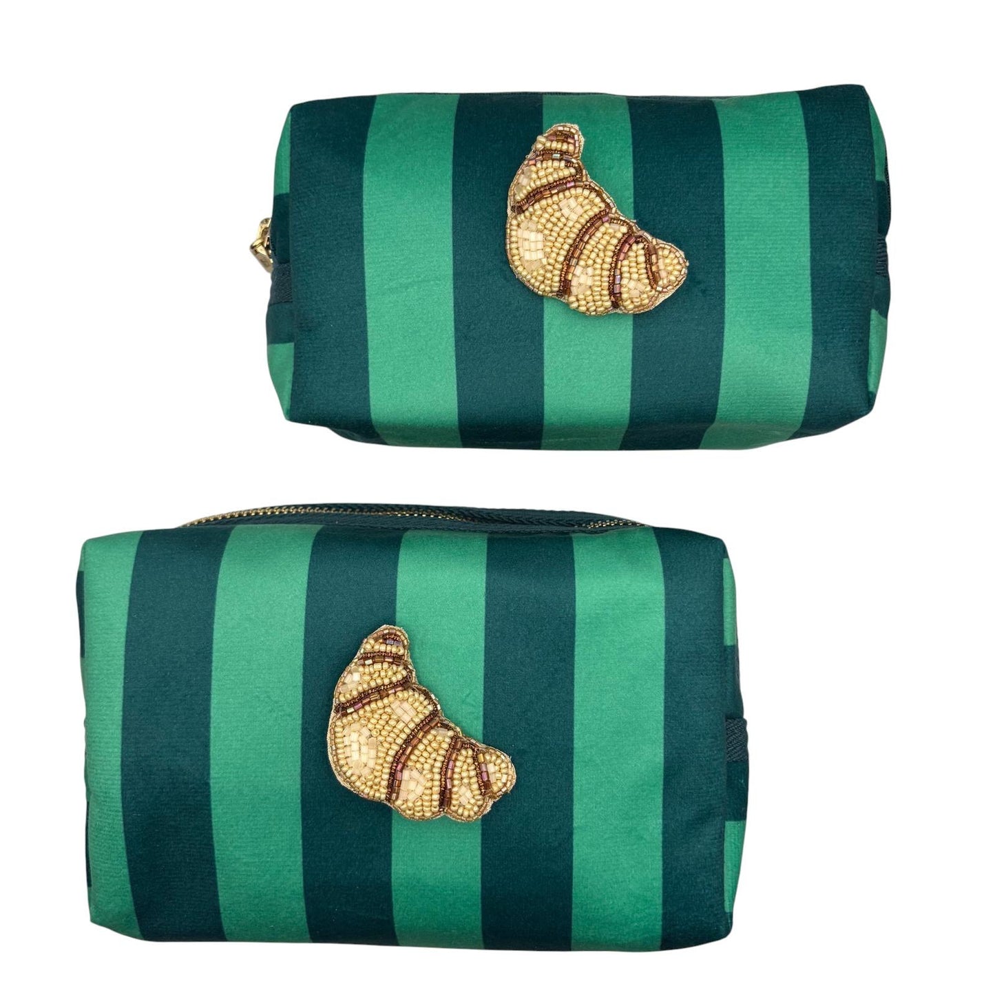 Large Teal stripe makeup bag with Croissant brooch