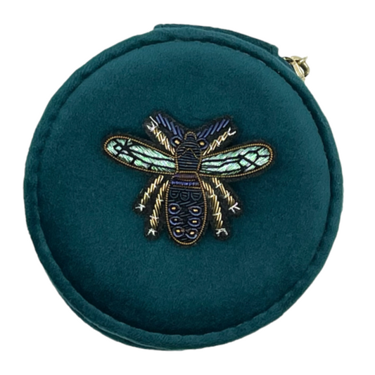 Jewellery Travel Pot in Teal recycled velvet, with Grand Insect